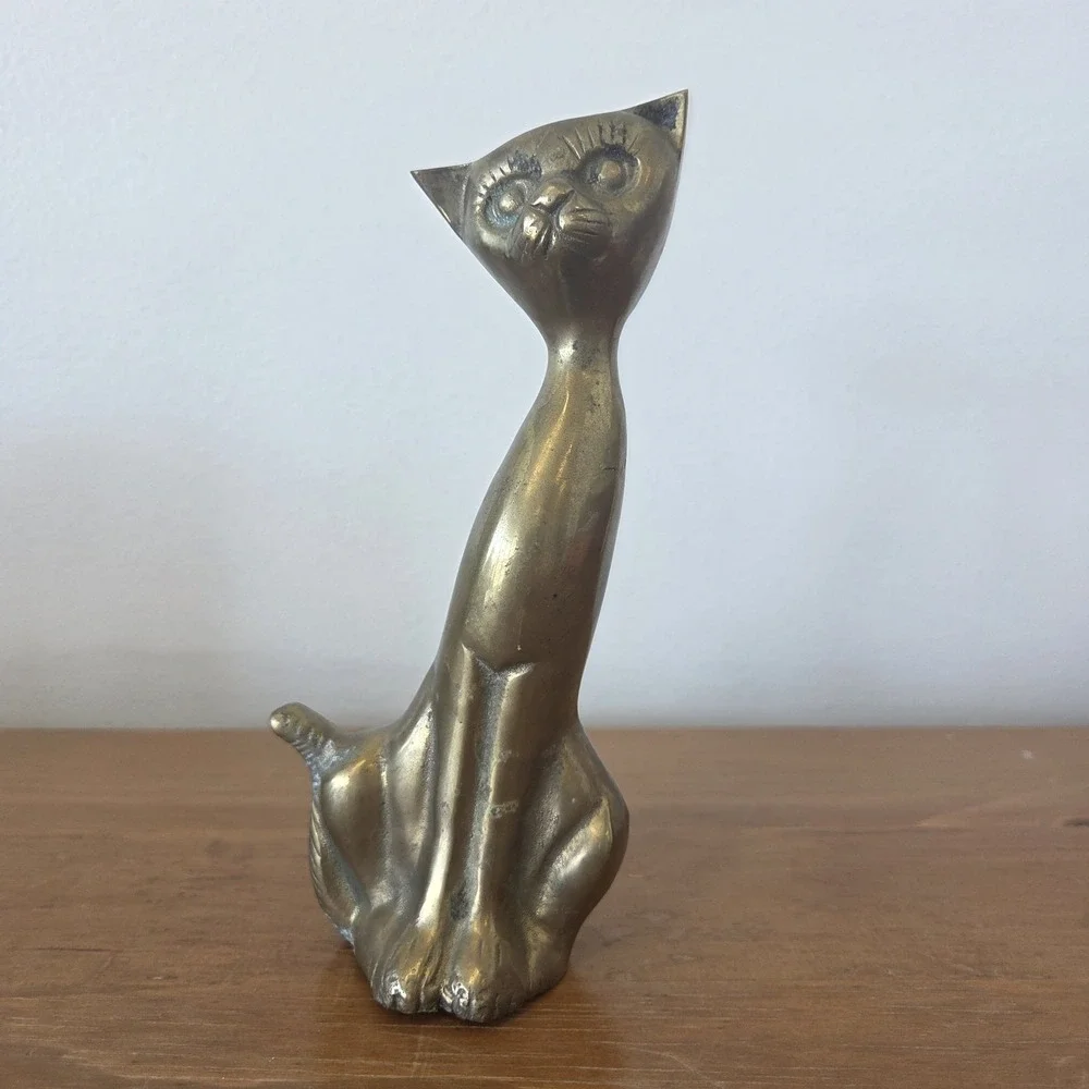 Vintage MCM Long Necked Sitting Brass Cat Statue Figurine 7